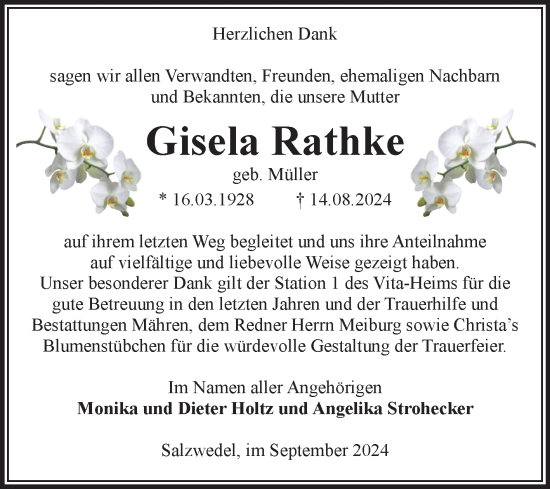 Traueranzeige von Gisela Rathke von Volksstimme Altmark West