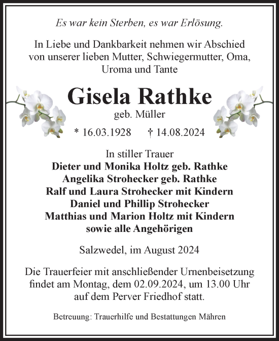Traueranzeige von Gisela Rathke von Volksstimme Altmark West