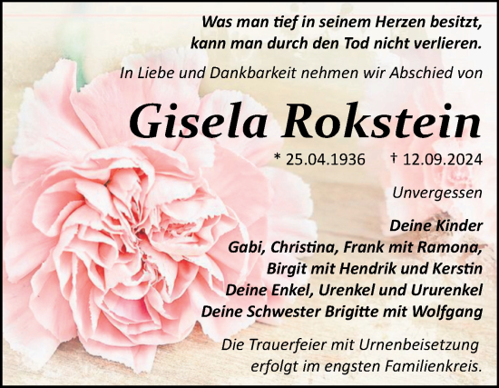 Traueranzeige von Gisela Rokstein von Trauerkombi Bitterfeld