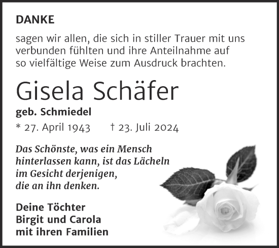 Traueranzeige von Gisela Schäfer von Trauerkombi Weißenfels