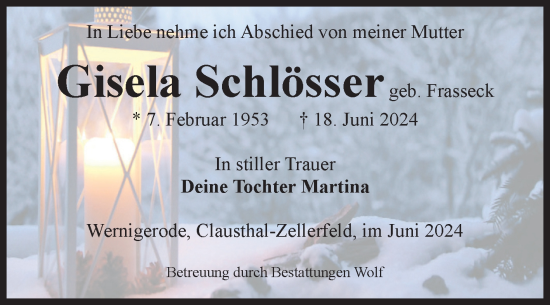 Traueranzeige von Gisela Schlösser von Volksstimme Wernigerode