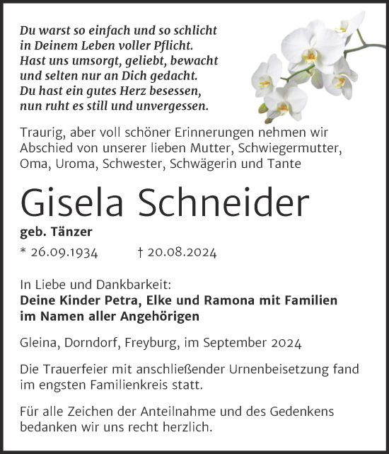 Traueranzeige von Gisela Schneider von Super Sonntag Naumburg/Nebra
