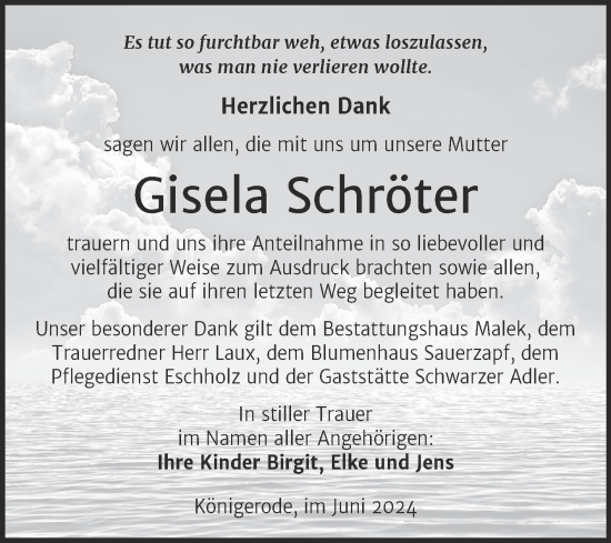 Traueranzeige von Gisela Schröter von Trauerkombi Quedlinburg