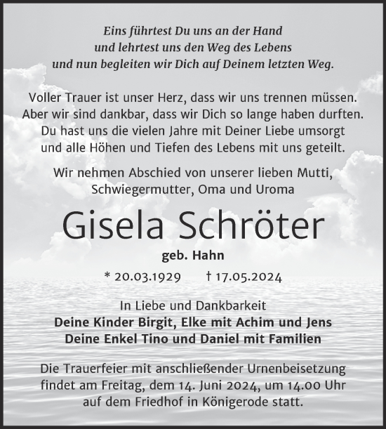 Traueranzeige von Gisela Schröter von Trauerkombi Quedlinburg