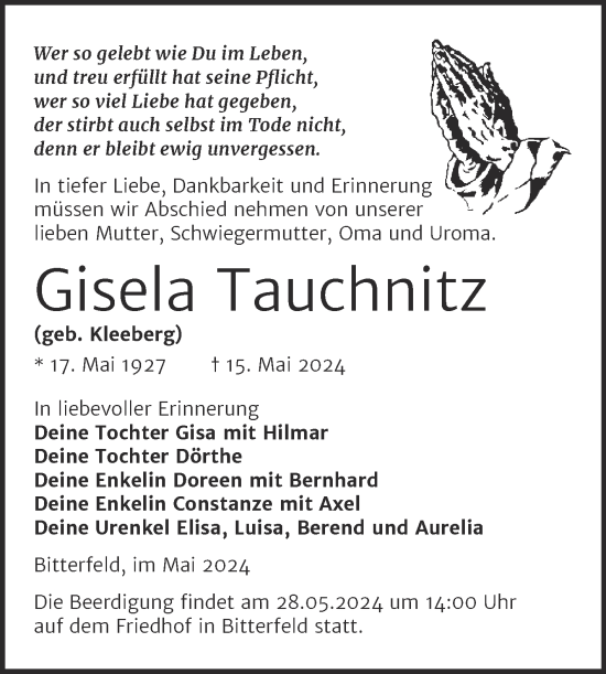 Traueranzeige von Gisela Tauchnitz von Trauerkombi Bitterfeld