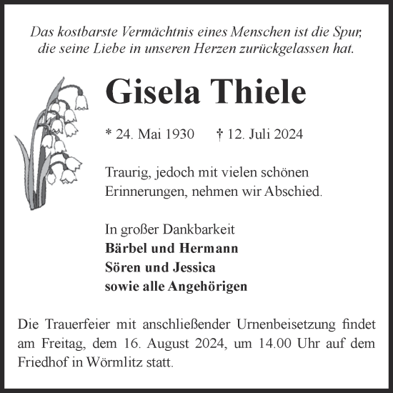 Traueranzeige von Gisela Thiele von Volksstimme Burg/Genthin