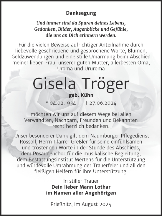 Traueranzeige von Gisela Tröger von Super Sonntag Naumburg/Nebra