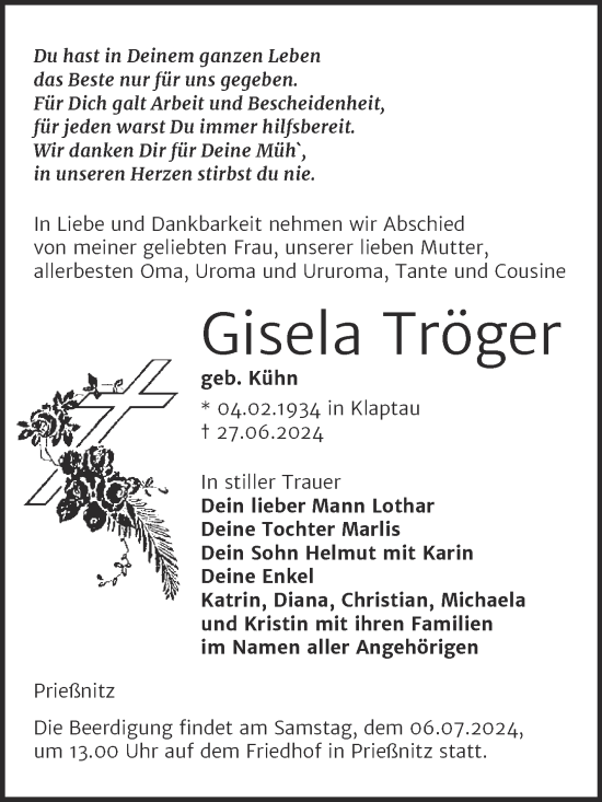 Traueranzeige von Gisela Tröger von Naumburger Tageblatt