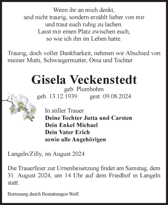 Traueranzeige von Gisela Veckenstedt von Volksstimme Halberstadt