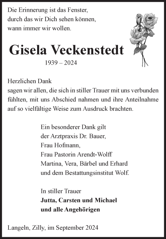 Traueranzeige von Gisela Veckenstedt von Volksstimme Wernigerode