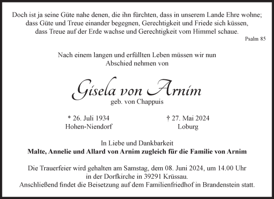 Traueranzeige von Gisela von Arnim von Volksstimme Burg/Genthin