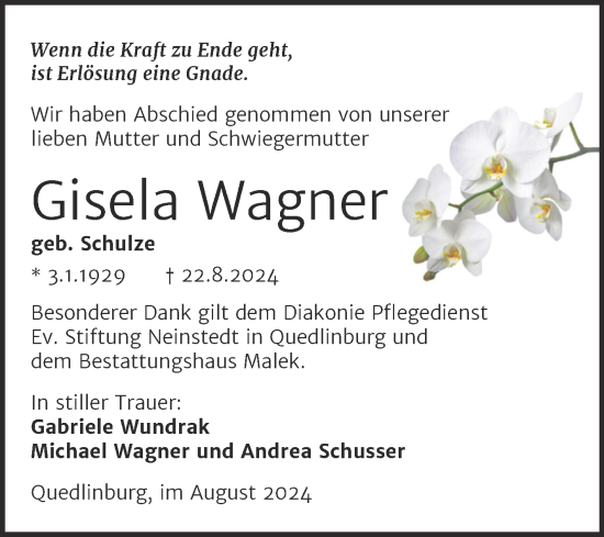 Traueranzeige von Gisela Wagner von Trauerkombi Quedlinburg
