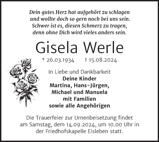 Traueranzeige von Gisela Werle von Trauerkombi Mansfelder Land