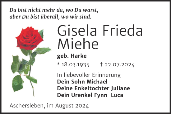 Traueranzeige von Gisela Frieda Miehe von Trauerkombi Aschersleben