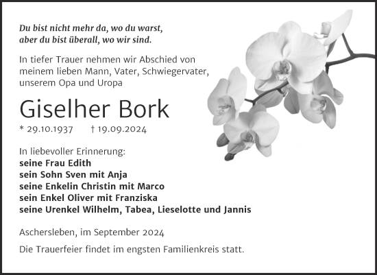 Traueranzeige von Giselher Bork von Trauerkombi Aschersleben