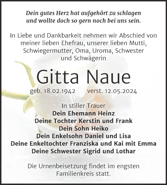 Traueranzeige von Gitta Naue von Trauerkombi Bitterfeld