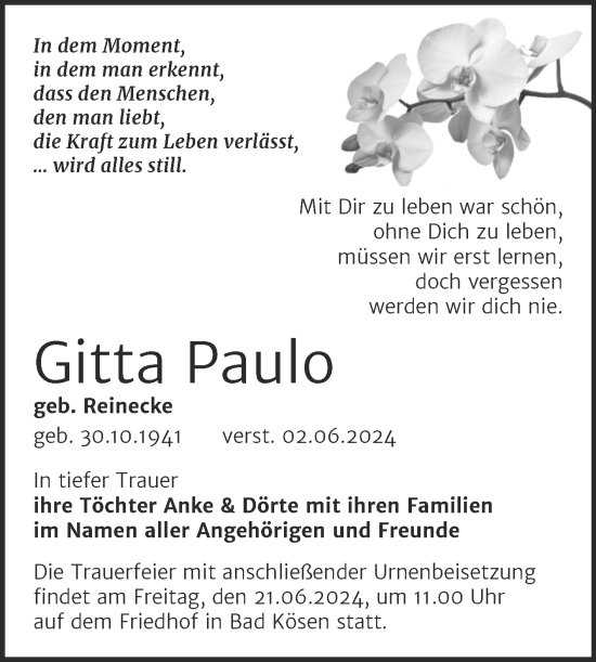 Traueranzeige von Gitta Paulo von Naumburger Tageblatt
