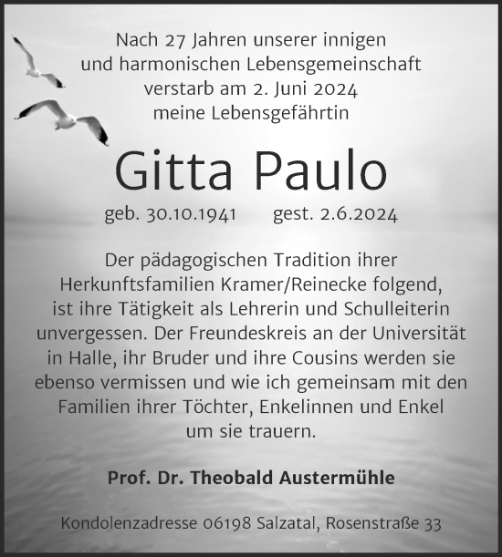 Traueranzeige von Gitta Paulo von Naumburger Tageblatt