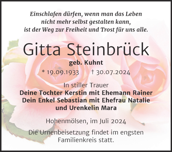 Traueranzeige von Gitta Steinbrück von Trauerkombi Weißenfels