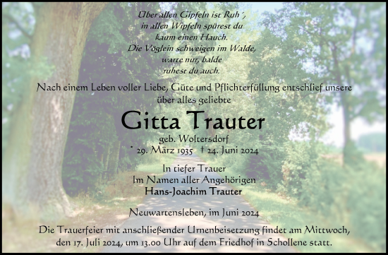 Traueranzeige von Gitta Trauter von Volksstimme Altmark Ost