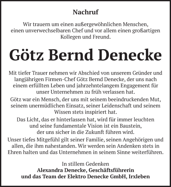 Traueranzeige von Götz Bernd Denecke von Volksstimme Magdeburg