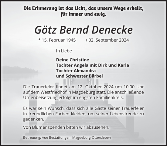 Traueranzeige von Götz Bernd Denecke von Volksstimme Magdeburg