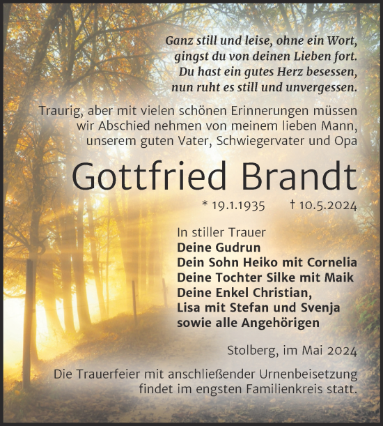 Traueranzeige von Gottfried Brandt von Trauerkombi Sangerhausen