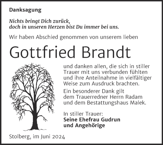 Traueranzeige von Gottfried Brandt von Trauerkombi Sangerhausen
