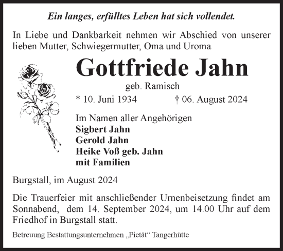 Traueranzeige von Gottfriede Jahn von Volksstimme Altmark Ost