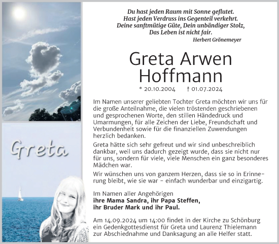 Traueranzeige von Greta Arwen Hoffmann von Naumburger Tageblatt