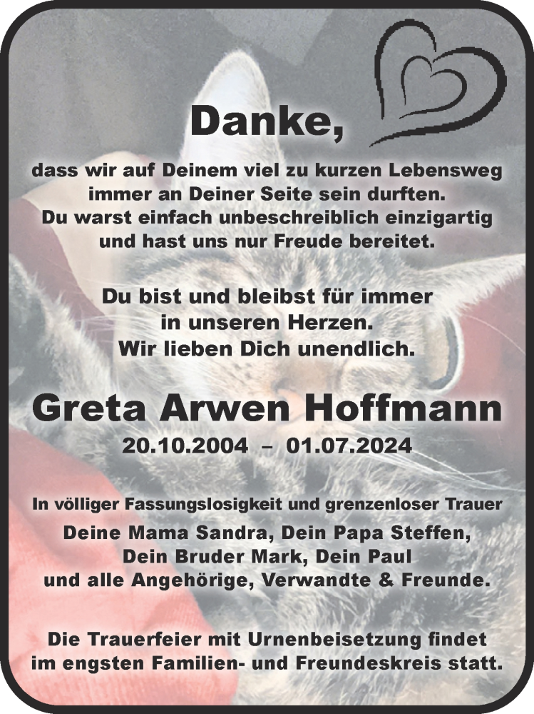  Traueranzeige für Greta Arwen Hoffmann vom 13.07.2024 aus Naumburger Tageblatt