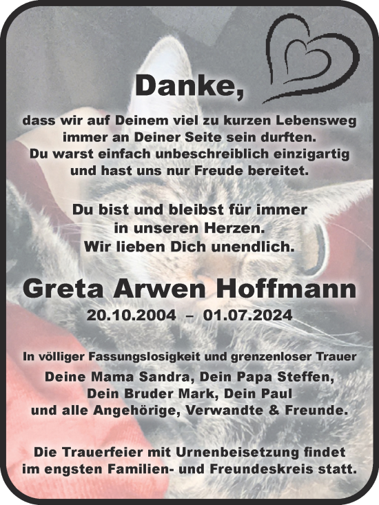 Traueranzeige von Greta Arwen Hoffmann von Naumburger Tageblatt