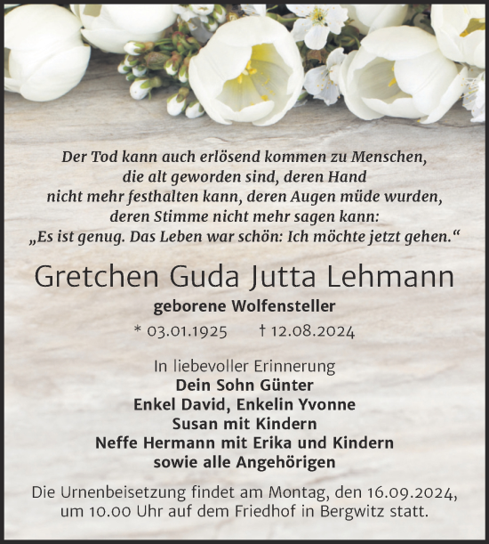 Traueranzeige von Gretchen Guda Jutta Lehmann von Trauerkombi Wittenberg