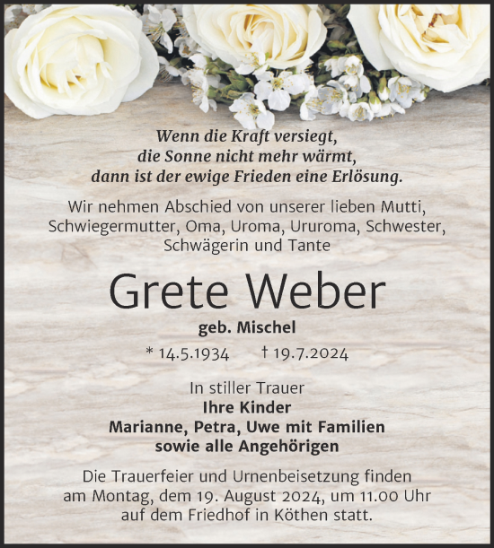 Traueranzeige von Grete Weber von Trauerkombi Köthen