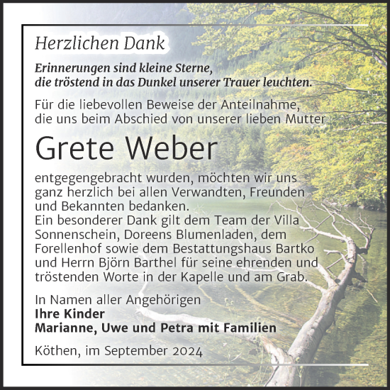 Traueranzeige von Grete Weber von Trauerkombi Köthen