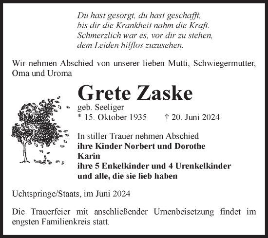 Traueranzeige von Grete Zaske von Volksstimme Altmark Ost