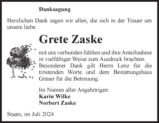 Traueranzeige von Grete Zaske von Volksstimme Altmark Ost