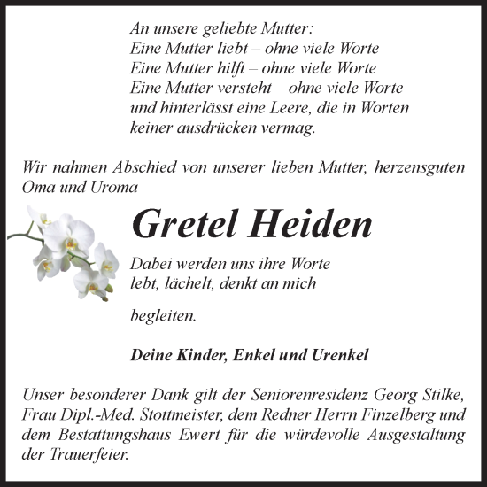 Traueranzeige von Gretel Heiden von Volksstimme Burg/Genthin