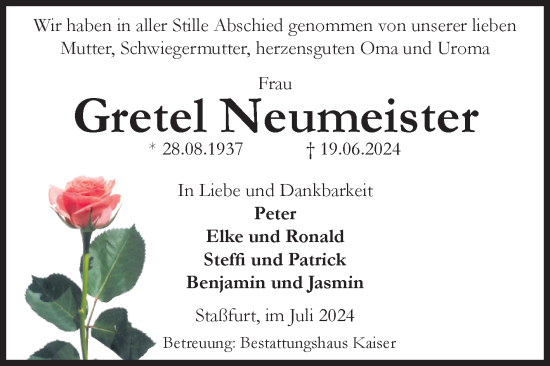 Traueranzeige von Gretel Neumeister von Volksstimme Staßfurt