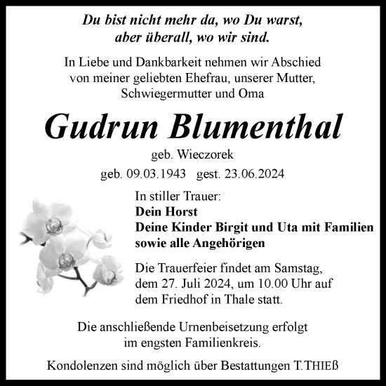 Traueranzeige von Gudrun Blumenthal von Mitteldeutsche Zeitung Quedlingburg