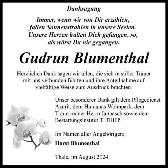 Traueranzeige von Gudrun Blumenthal von Trauerkombi Quedlinburg