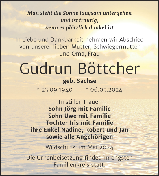 Traueranzeige von Gudrun Böttcher von Trauerkombi Weißenfels