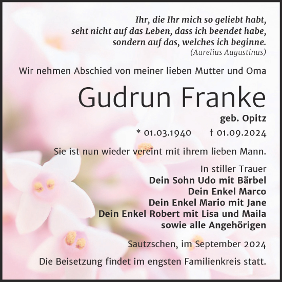 Traueranzeige von Gudrun Franke von Trauerkombi Zeitz