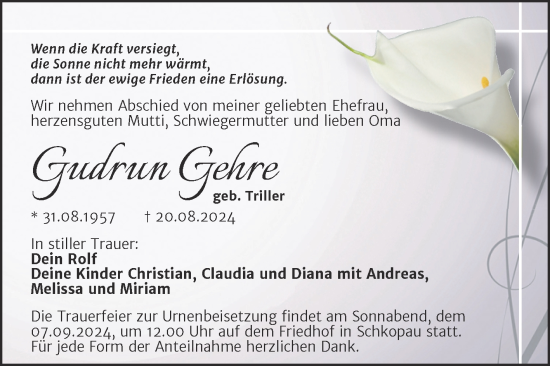 Traueranzeige von Gudrun Gehre von Trauerkombi Merseburg