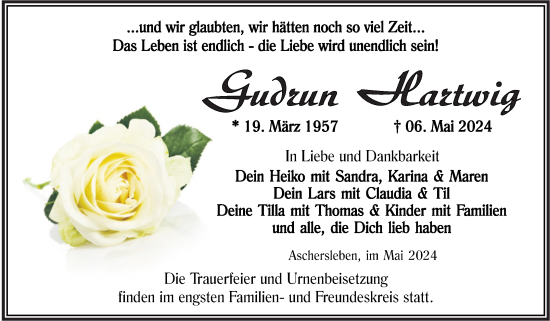 Traueranzeige von Gudrun Hartwig von Trauerkombi Aschersleben