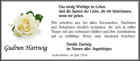 Traueranzeige von Gudrun Hartwig von Trauerkombi Aschersleben
