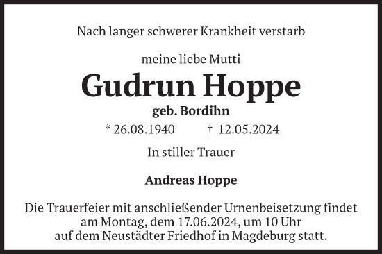 Traueranzeige von Gudrun Hoppe von Volksstimme Magdeburg
