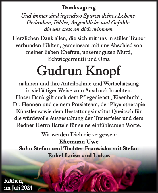 Traueranzeige von Gudrun Knopf von Trauerkombi Köthen
