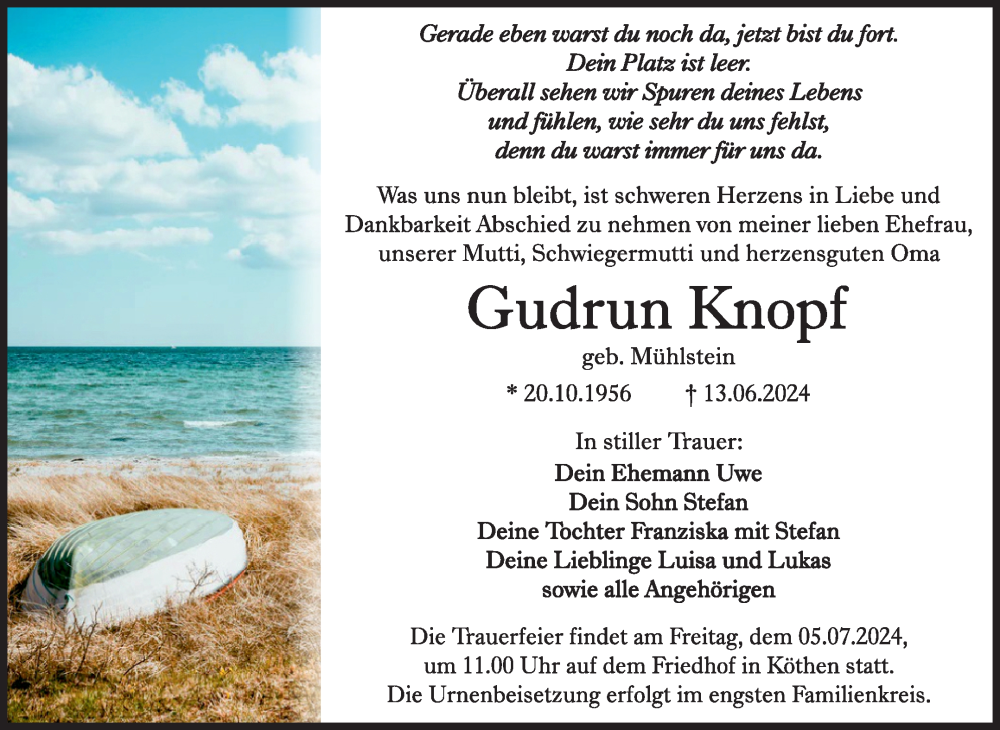  Traueranzeige für Gudrun Knopf vom 21.06.2024 aus Trauerkombi Köthen