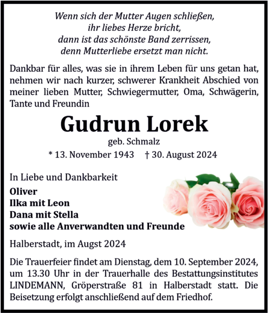  Traueranzeige für Gudrun Lorek vom 07.09.2024 aus Volksstimme Halberstadt